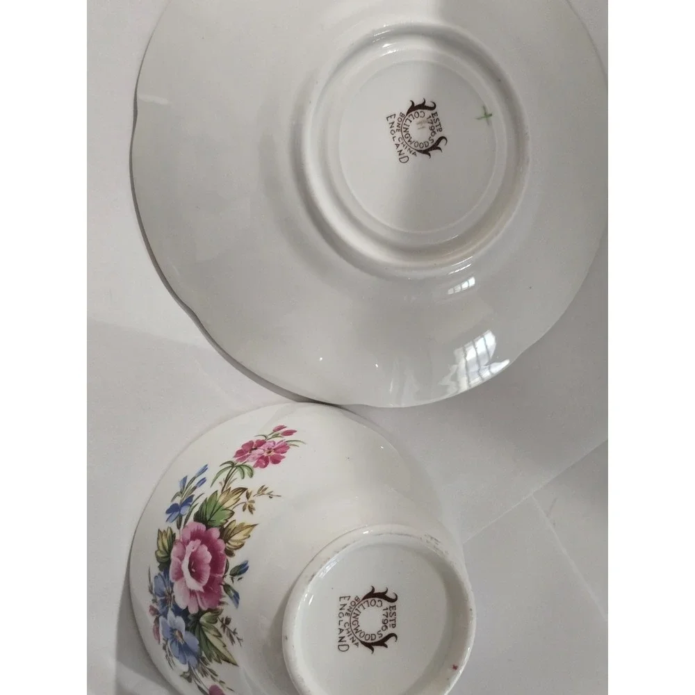 Clarence Bone China Teacup Saucer Pink Blue Floral Gold Trim England Vintage